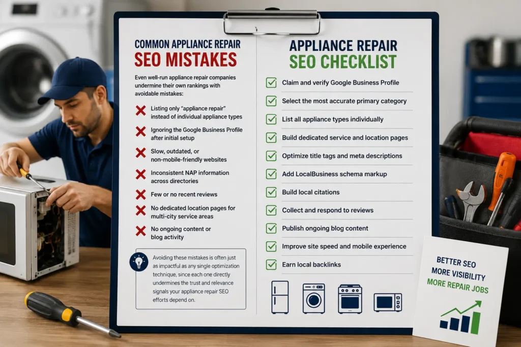 Common Appliance Repair SEO Mistakes and SEO Checklist for Higher Rankings