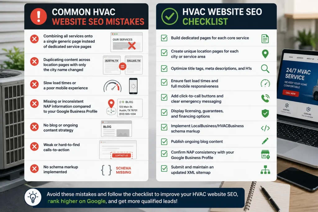 Infographic showing common HVAC website SEO mistakes alongside a complete HVAC SEO checklist for improving Google rankings, website performance, and lead generation.