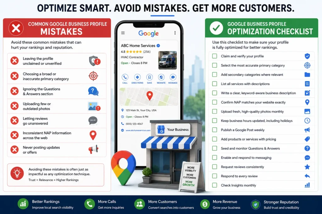 Infographic showing common Google Business Profile mistakes alongside a complete optimization checklist, including profile verification, categories, NAP consistency, reviews, Google Posts, photos, messaging, and Insights.
