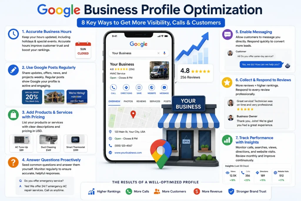 photo showing Google Business Profile optimization with accurate business hours, Google Posts, products and services, messaging, customer reviews, questions and answers, and performance insights.