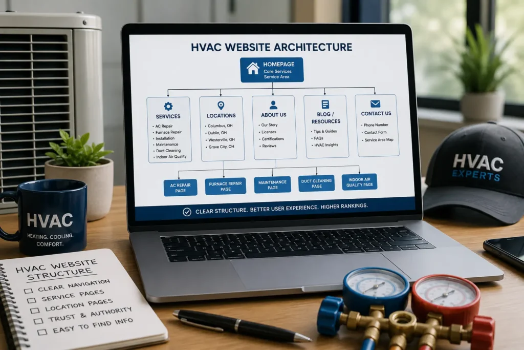 HVAC website architecture diagram showing homepage, service pages, location pages, blog, contact page, and on-page SEO structure for higher Google rankings.