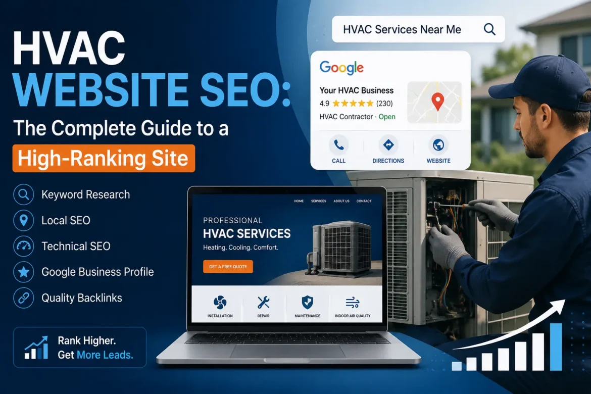 HVAC Website SEO photo showing an HVAC technician, Google Business Profile, HVAC website on a laptop, and SEO ranking elements for local HVAC businesses.