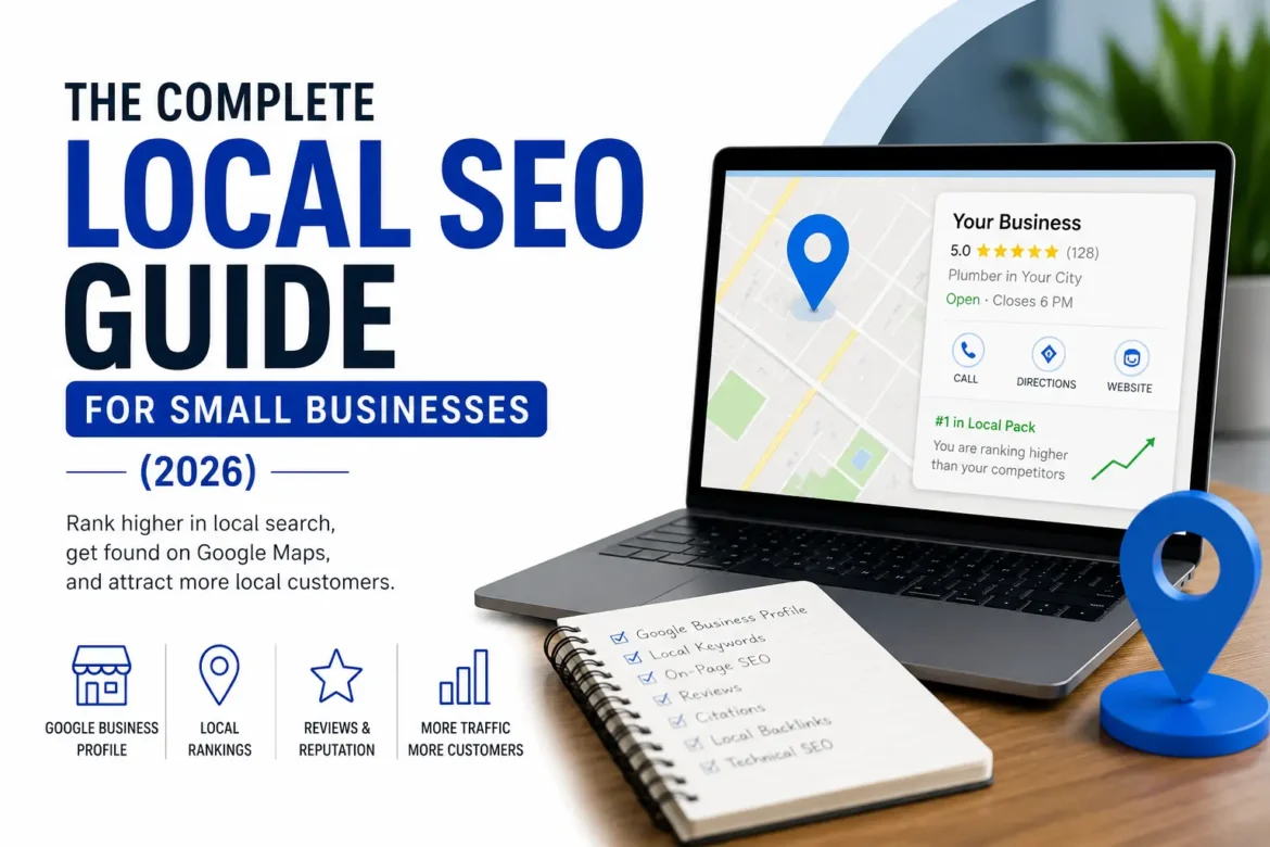 Featured image for The Complete Local SEO Guide for Small Businesses (2026), illustrating Google Business Profile optimisation, Google Maps rankings, local search strategies, and SEO growth for local businesses.