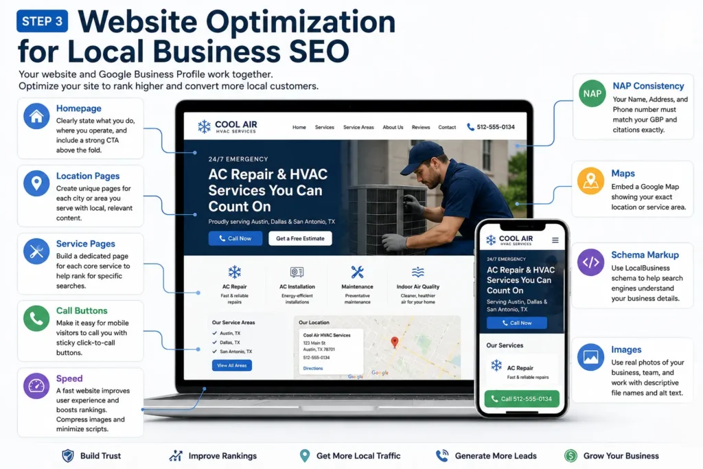 image showing website optimization for local SEO with homepage, location pages, service pages, NAP consistency, Google Maps, schema markup, mobile call buttons, and website speed improvements.