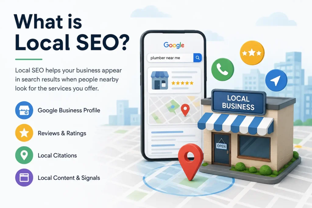 Illustration explaining Local SEO with a Google Business Profile, local map pin, smartphone search results, customer reviews, and a local business storefront.