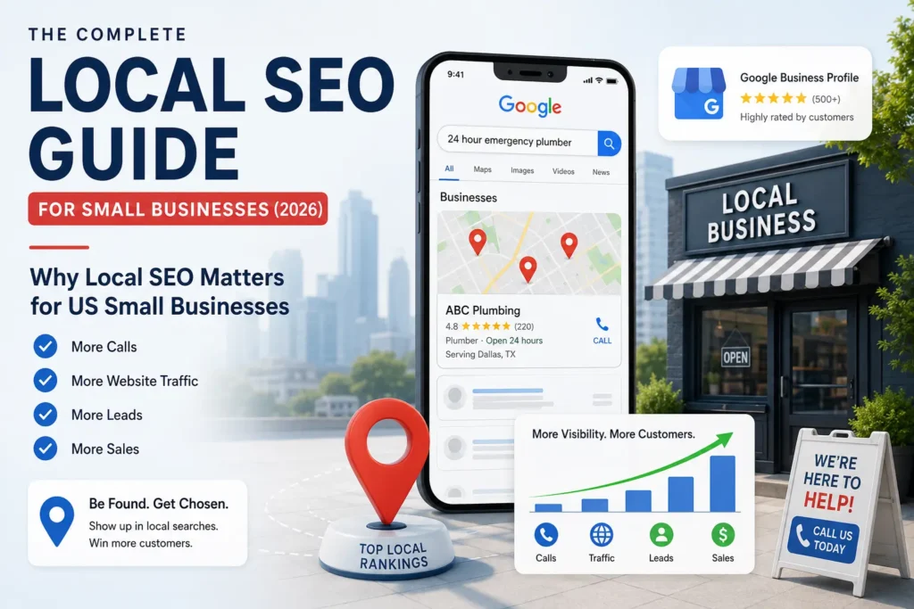 Modern Local SEO illustration showing Google Maps search results, a local business storefront, smartphone search interface, customer reviews, increased traffic, leads, and sales.