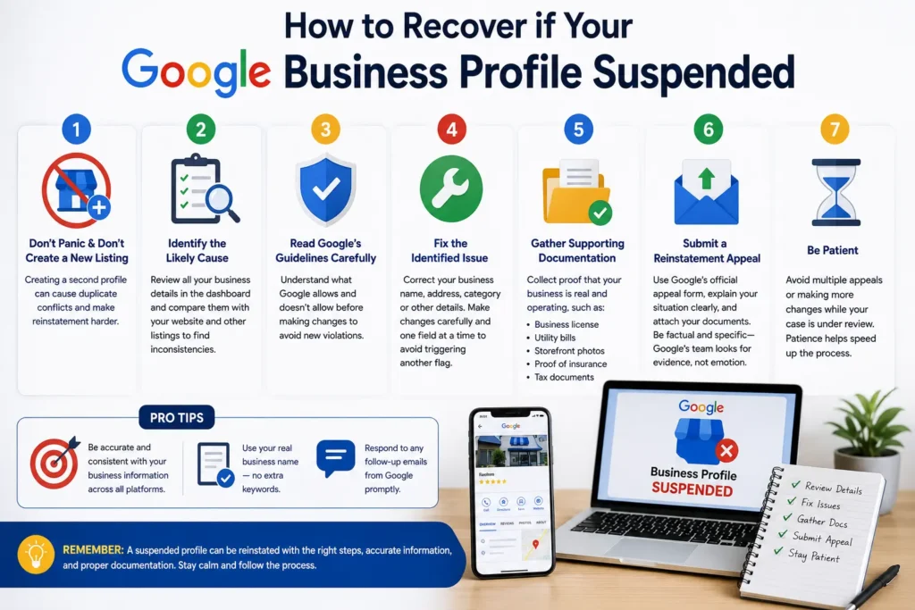 Step-by-step infographic showing how to recover a Google Business Profile suspended listing, including identifying the issue, fixing guideline violations, gathering documents, and submitting a reinstatement appeal.