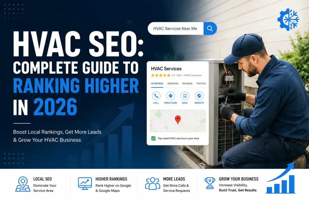 HVAC SEO - HVAC technician repairing an air conditioning unit with Google Business Profile and SEO graphics HVAC SEO strategies to rank higher in Google Search and Google Maps in 2026.