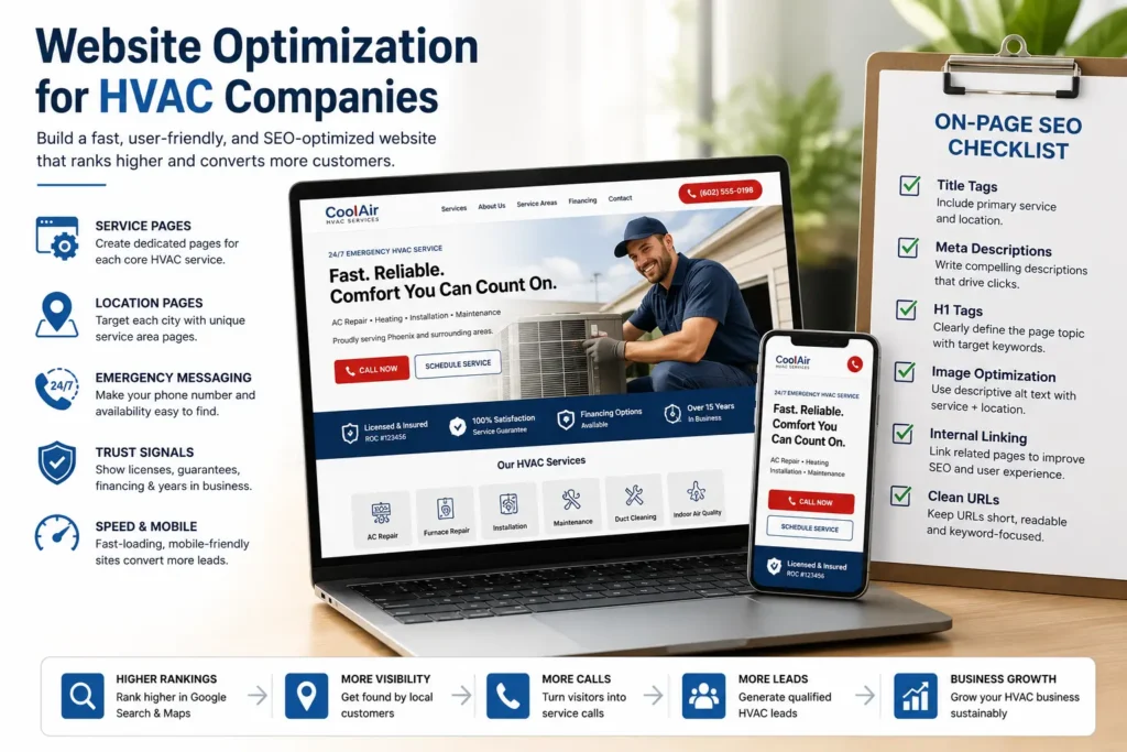 Laptop displaying an SEO-optimized HVAC company website with service pages, location pages, mobile design, and an on-page SEO checklist for improving Google rankings and lead generation.
