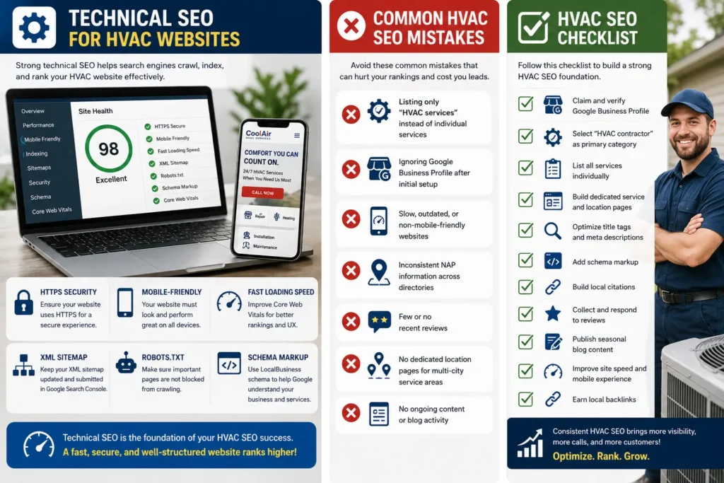 Technical HVAC SEO infographic showing website optimization, Core Web Vitals, schema markup, XML sitemap, common SEO mistakes, and an HVAC SEO checklist for improving Google rankings.