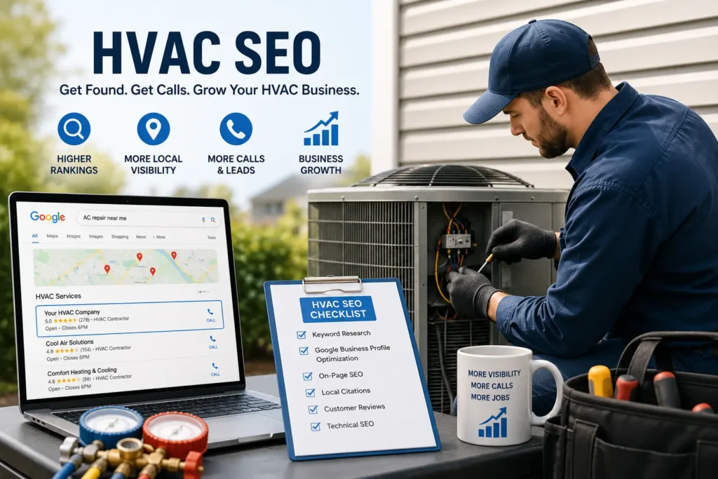 HVAC technician repairing an air conditioning system with laptop displaying Google search results, SEO checklist, and local SEO icons representing HVAC SEO strategy for higher rankings and more service calls.
