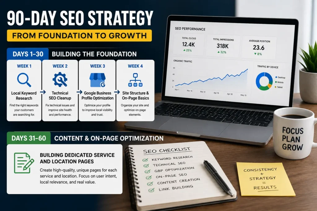 90-day SEO strategy showing keyword research, technical SEO, Google Business Profile optimization, and content planning