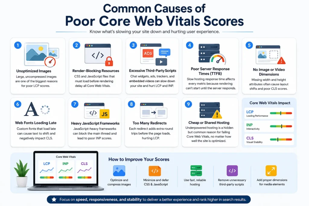 Infographic showing the most common causes of poor Core Web Vitals scores, including unoptimized images, render-blocking resources, slow server response, heavy JavaScript, layout shifts, redirects, and shared hosting.