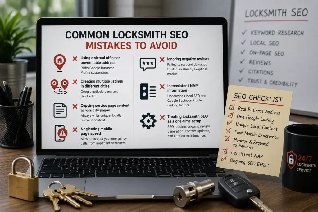 Laptop displaying common locksmith SEO mistakes, including duplicate listings, slow mobile pages, inconsistent business information, and poor local SEO practices.