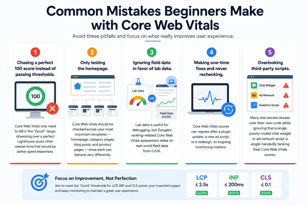 Infographic highlighting common Core Web Vitals mistakes beginners make, including chasing perfect Lighthouse scores, testing only the homepage, ignoring field data, skipping ongoing monitoring, and overlooking third-party scripts.