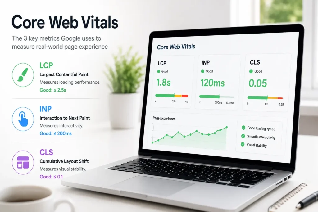 image explaining Google's Core Web Vitals, including Largest Contentful Paint (LCP), Interaction to Next Paint (INP), and Cumulative Layout Shift (CLS), displayed on a laptop dashboard.