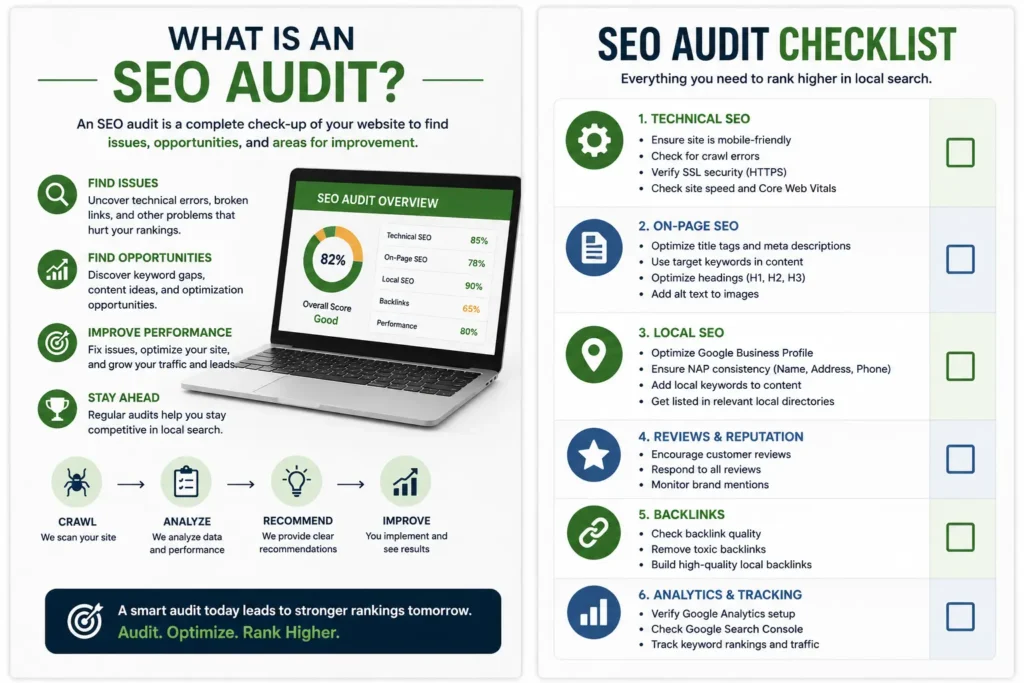 SEO audit checklist for local businesses covering technical, on-page, local SEO, reviews, backlinks, and analytics