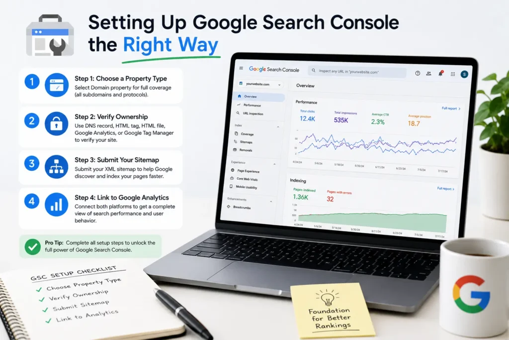 Google Search Console dashboard showing search performance, indexing reports, and website search metrics