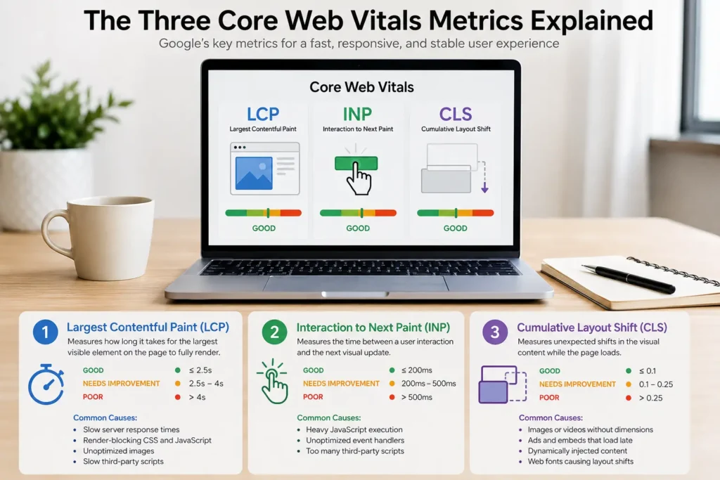 Infographic explaining the three Core Web Vitals metrics—Largest Contentful Paint (LCP), Interaction to Next Paint (INP), and Cumulative Layout Shift (CLS)—with performance thresholds and common optimization tips.