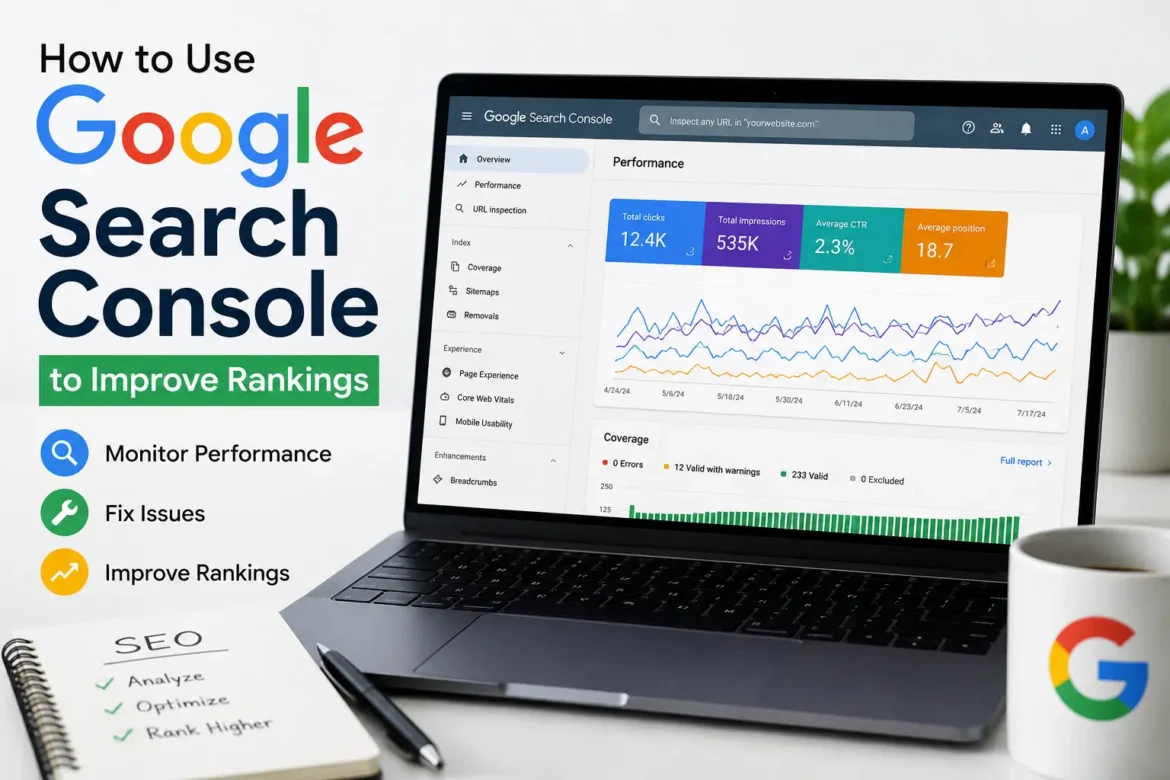 Laptop displaying Google Search Console performance reports with SEO metrics and ranking improvement checklist.
