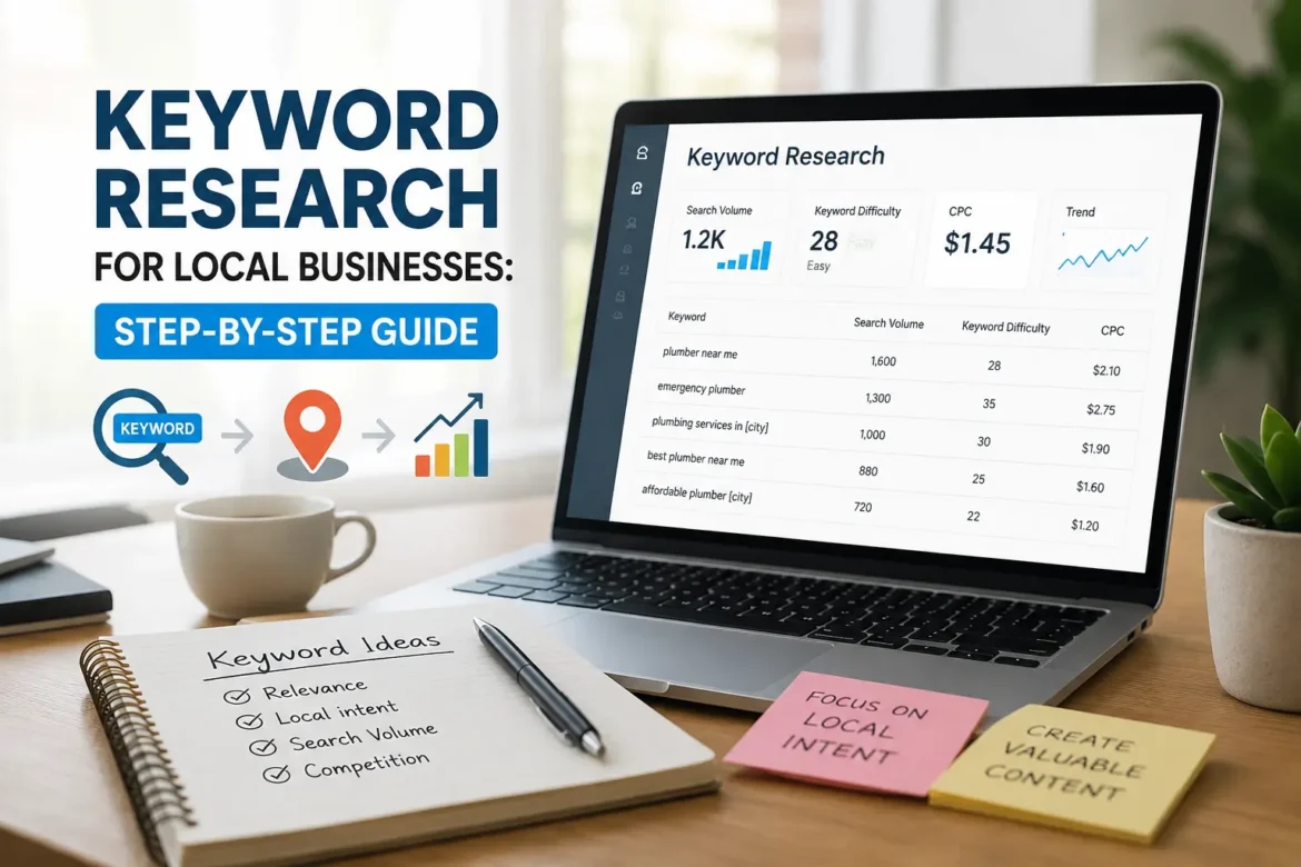 Keyword research for local businesses showing a laptop with SEO keyword analysis dashboard, local search strategy, and keyword planning workspace.