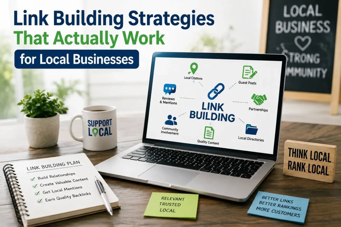 Link building strategies for local businesses illustrated with a laptop displaying local SEO tactics, backlinks, citations, guest posting, partnerships, and local directories.