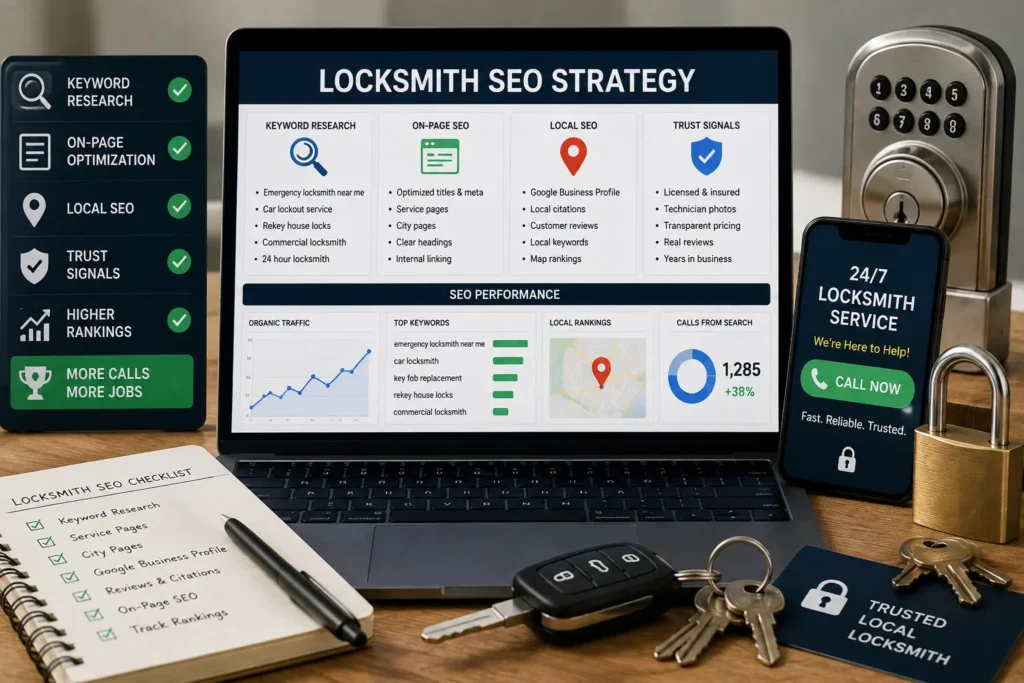 Laptop displaying locksmith SEO keyword research, local SEO rankings, and on-page optimization strategies with locksmith tools and keys on a desk.