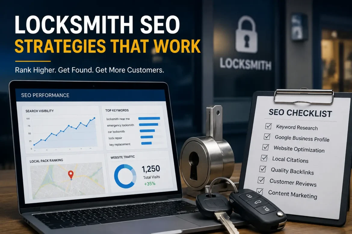 Laptop displaying locksmith SEO analytics with keywords, local search rankings, and lock and key tools representing digital marketing for locksmith businesses.