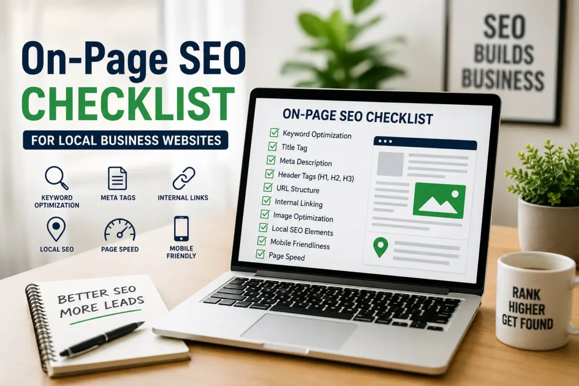 On page SEO checklist for local business websites showing keyword optimization, meta tags, internal links, local SEO, page speed, and mobile optimization