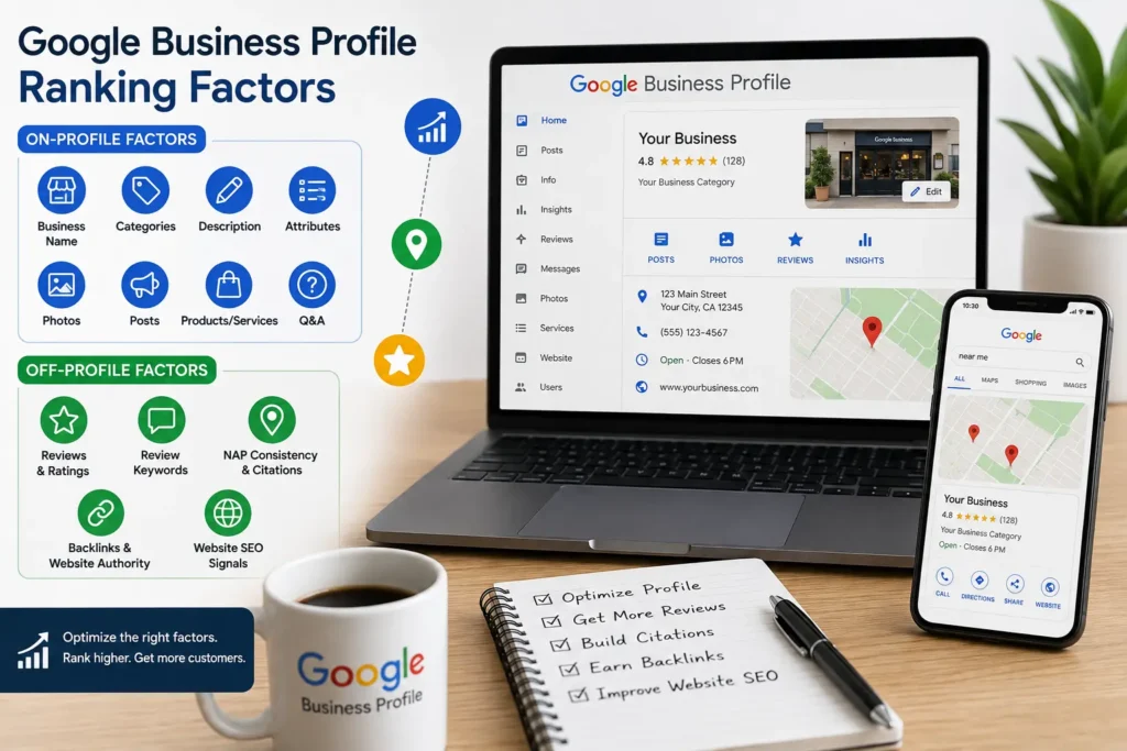Infographic comparing on-profile and off-profile Google Business Profile ranking factors, including reviews, categories, citations, backlinks, and website SEO.