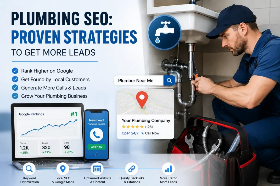 Professional plumber repairing a sink with SEO, Google Maps, local search, and lead generation graphics illustrating plumbing SEO strategies for attracting more local customers.