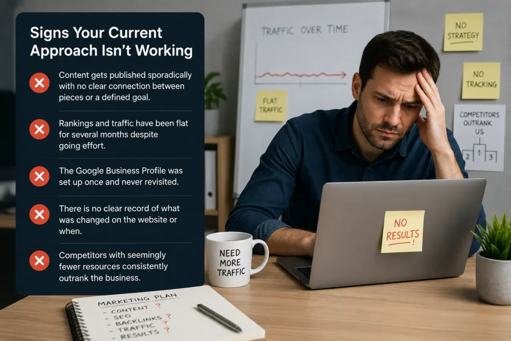 Signs of an ineffective SEO strategy including flat traffic, poor tracking, and competitors outranking a business