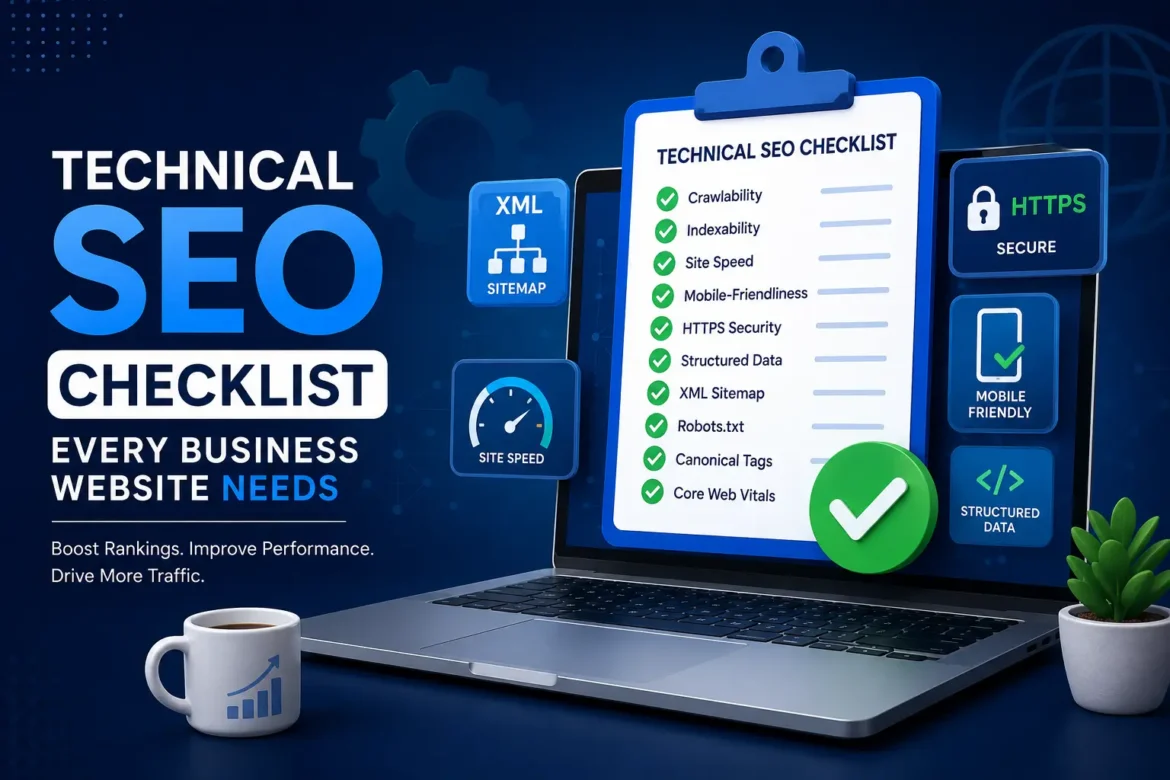 Technical SEO checklist illustration showing XML sitemap, HTTPS security, mobile-friendly optimization, site speed, structured data, and Core Web Vitals for business websites.