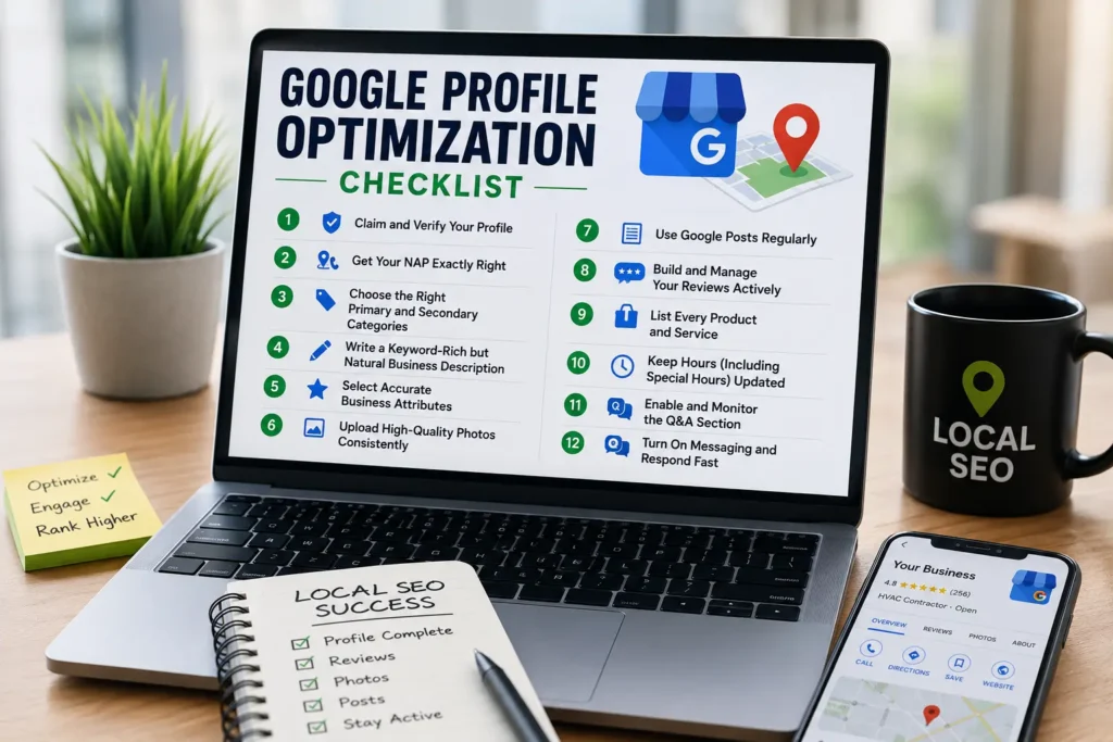 Google Profile Optimization checklist displayed on a laptop showing key steps to optimize a Google Business Profile for higher local search rankings.