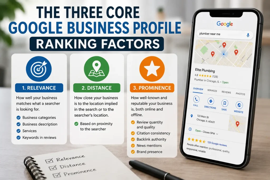 Infographic illustrating the three core Google Business Profile ranking factors: relevance, distance, and prominence for improving local search rankings.