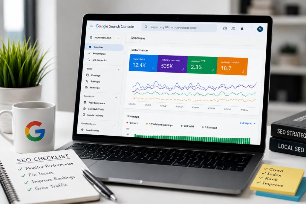 Laptop displaying the Google Search Console dashboard with search performance, indexing, and website health reports.