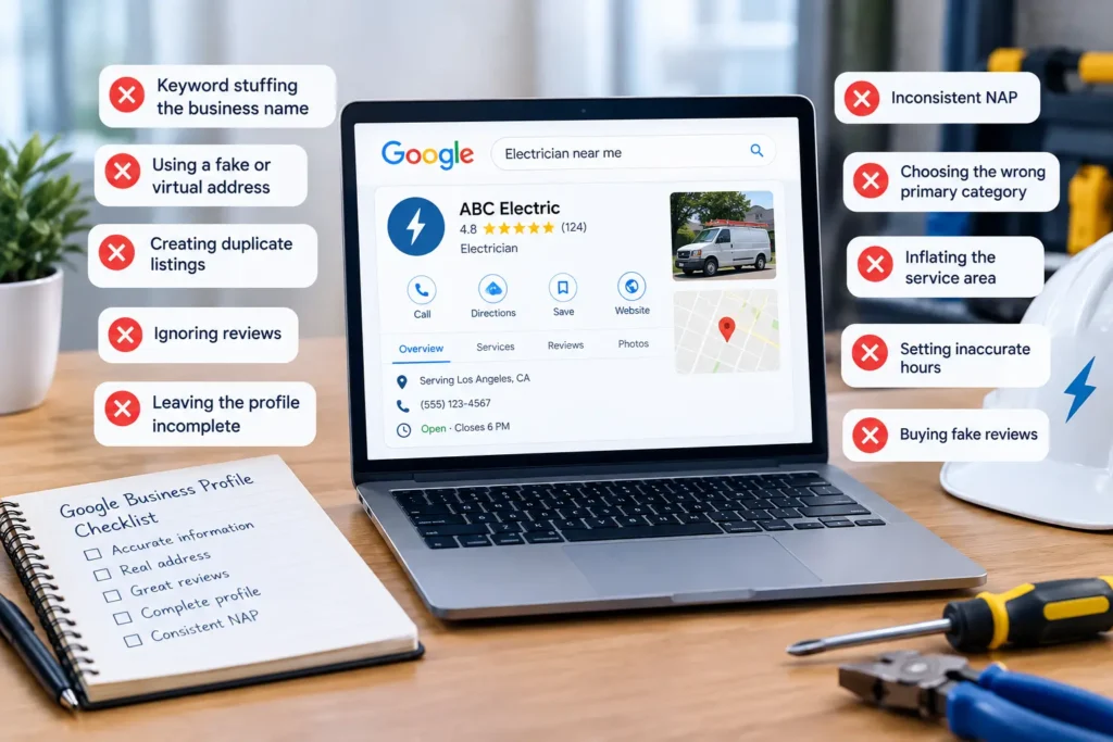 Electrician Google Business Profile showing common mistakes such as keyword stuffing, fake addresses, duplicate listings, ignored reviews, and inaccurate business information.