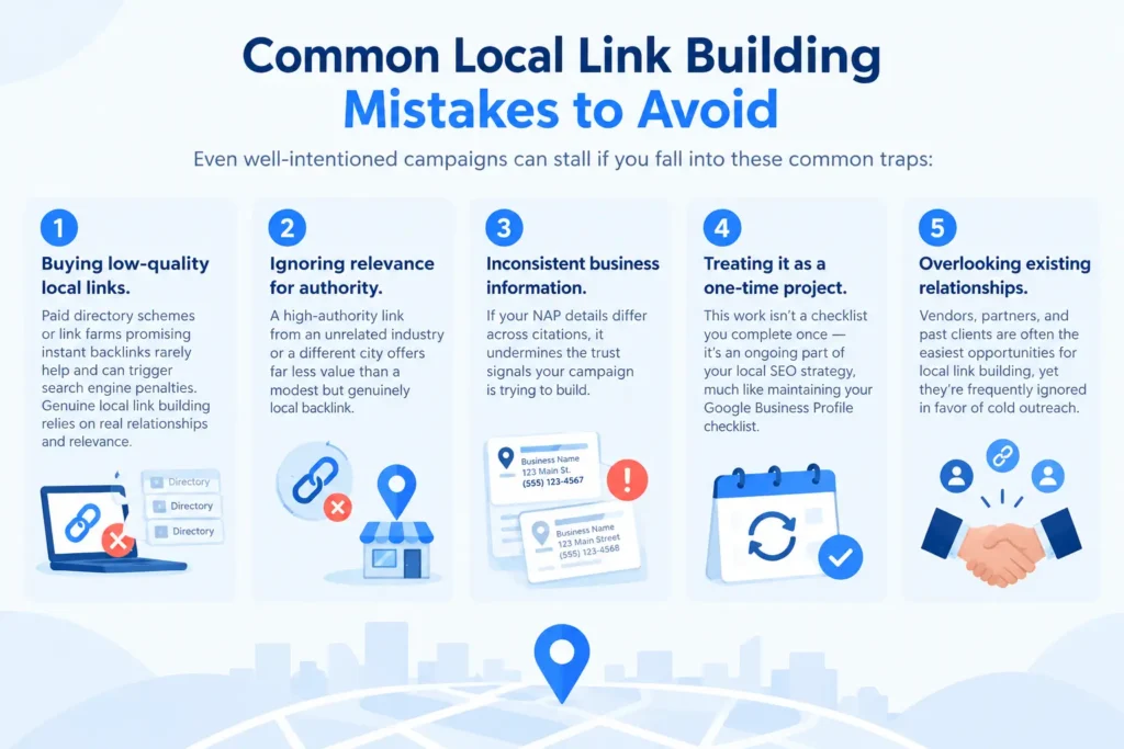 Common local link building mistakes to avoid infographic with five SEO pitfalls.