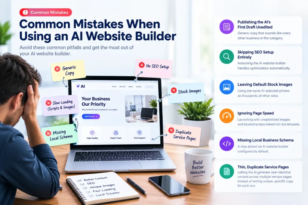 Common AI website builder mistakes including poor SEO, slow page speed, duplicate content, default images, and missing local schema