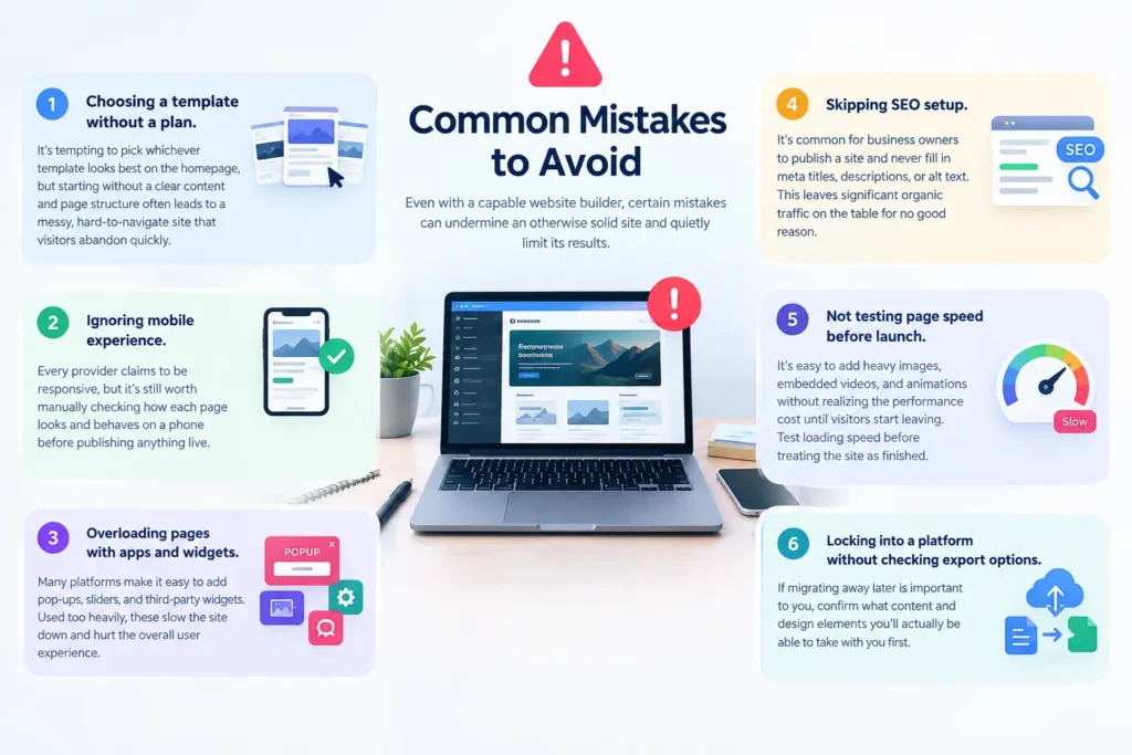 Common website builder mistakes including poor planning, mobile issues, excessive widgets, SEO setup, slow page speed, and platform lock-in