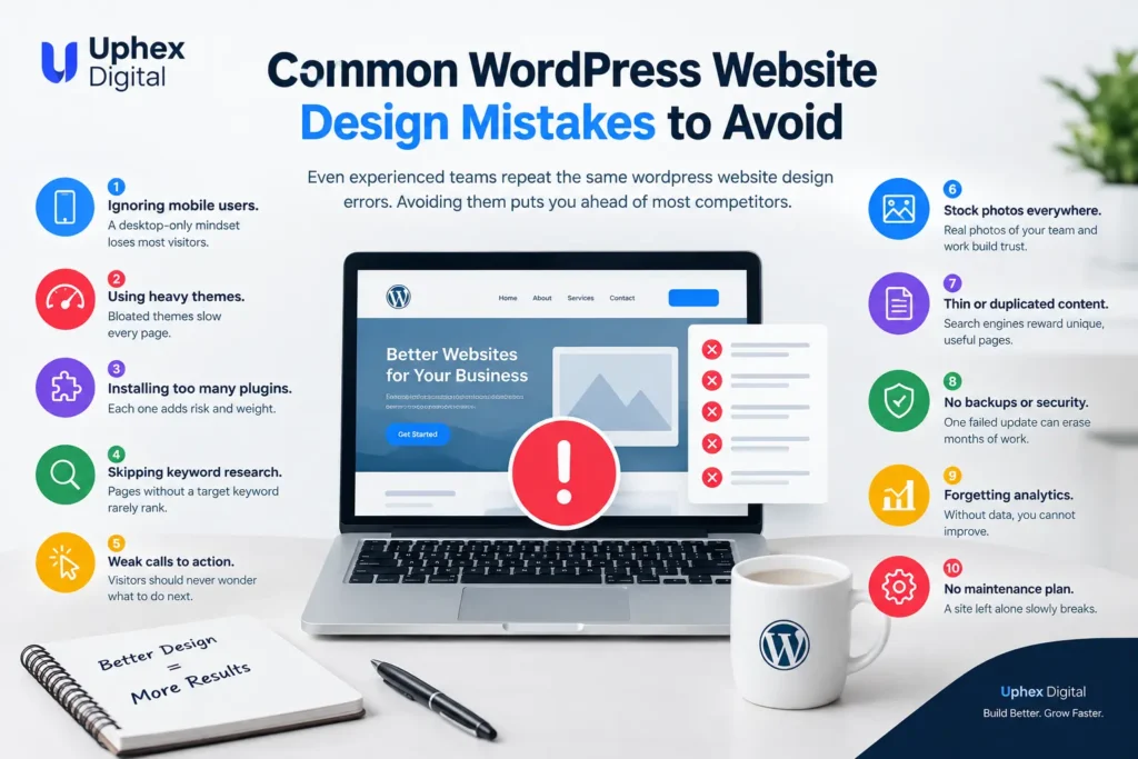 Common WordPress website design mistakes to avoid, including mobile issues, heavy themes, plugins, SEO, security, analytics, and maintenance