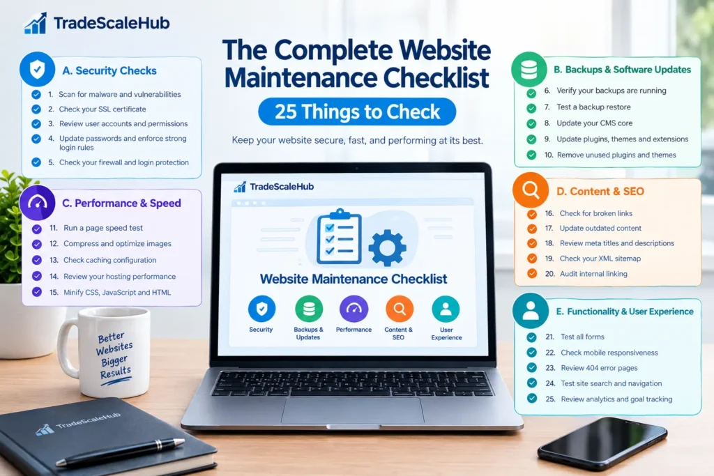 Complete website maintenance checklist with 25 checks for security, backups, performance, SEO, and user experience