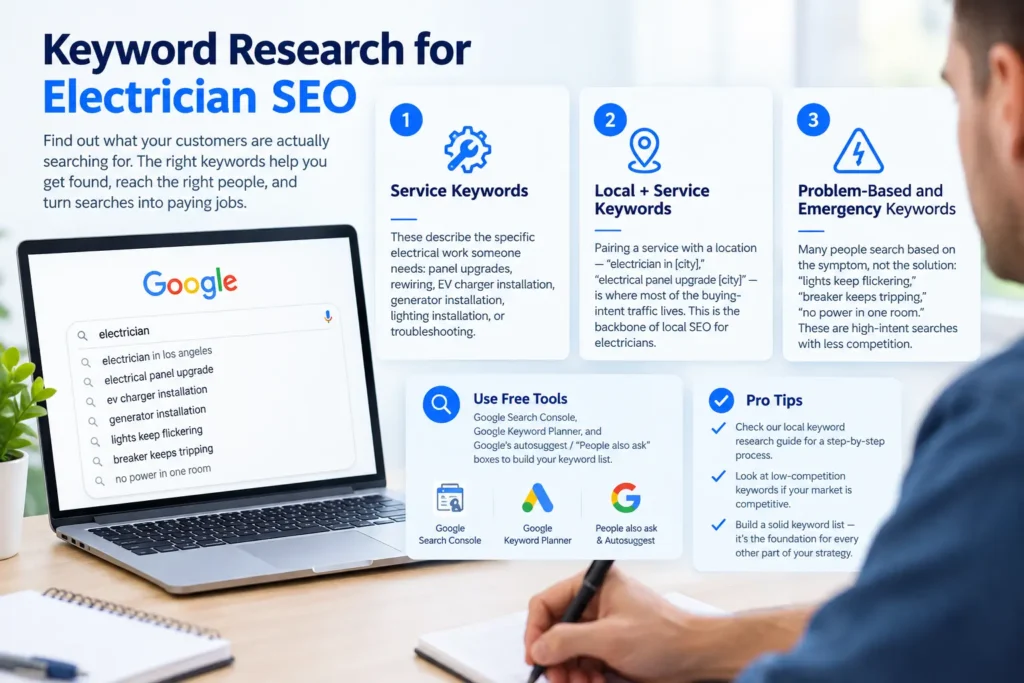 Keyword research for electrician SEO showing service, local, and problem-based keywords