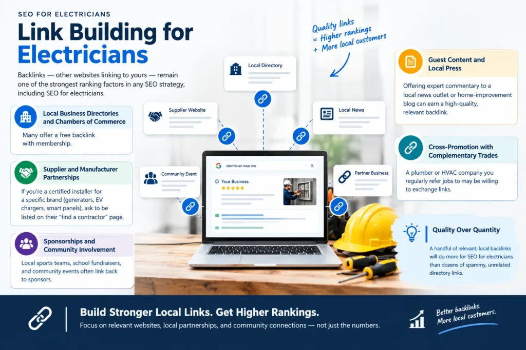 SEO for electricians using local backlinks, supplier partnerships, directories, and local press