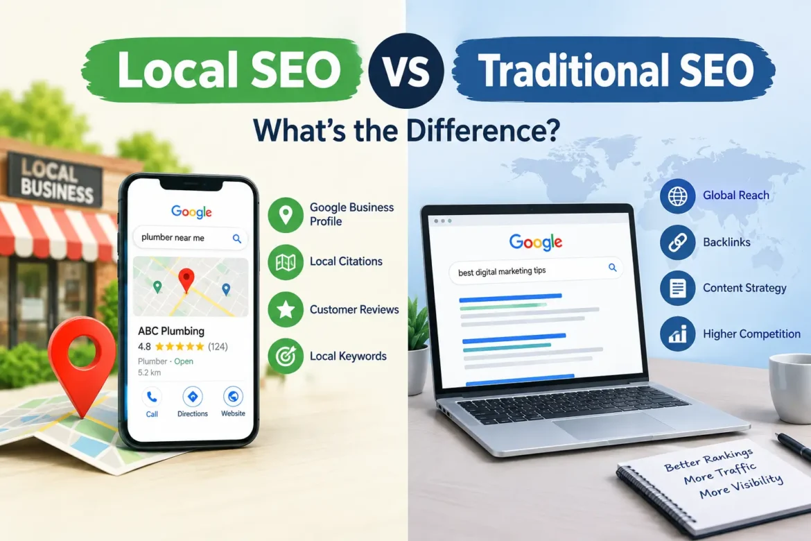Local SEO vs SEO comparison showing the key differences