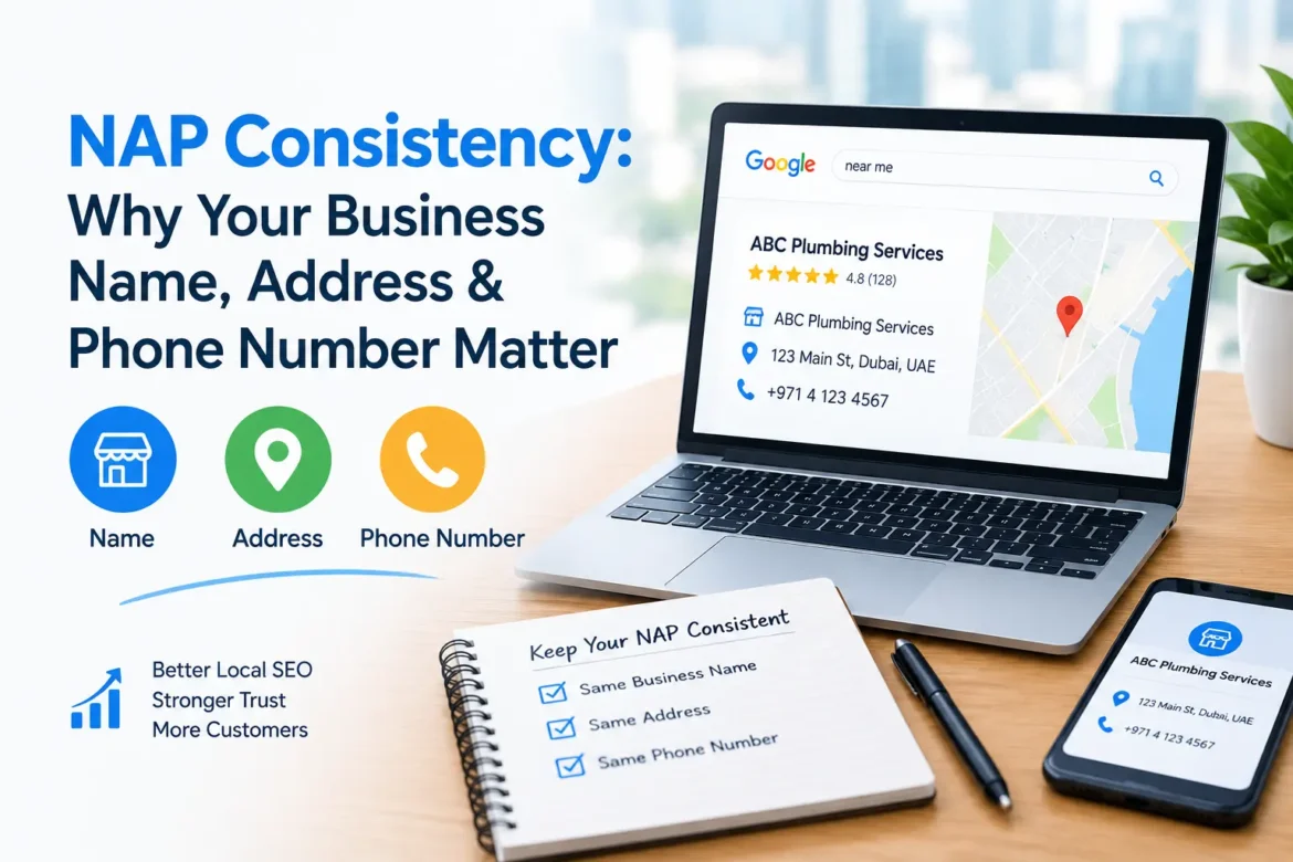 NAP consistency for local SEO showing business name, address, and phone number