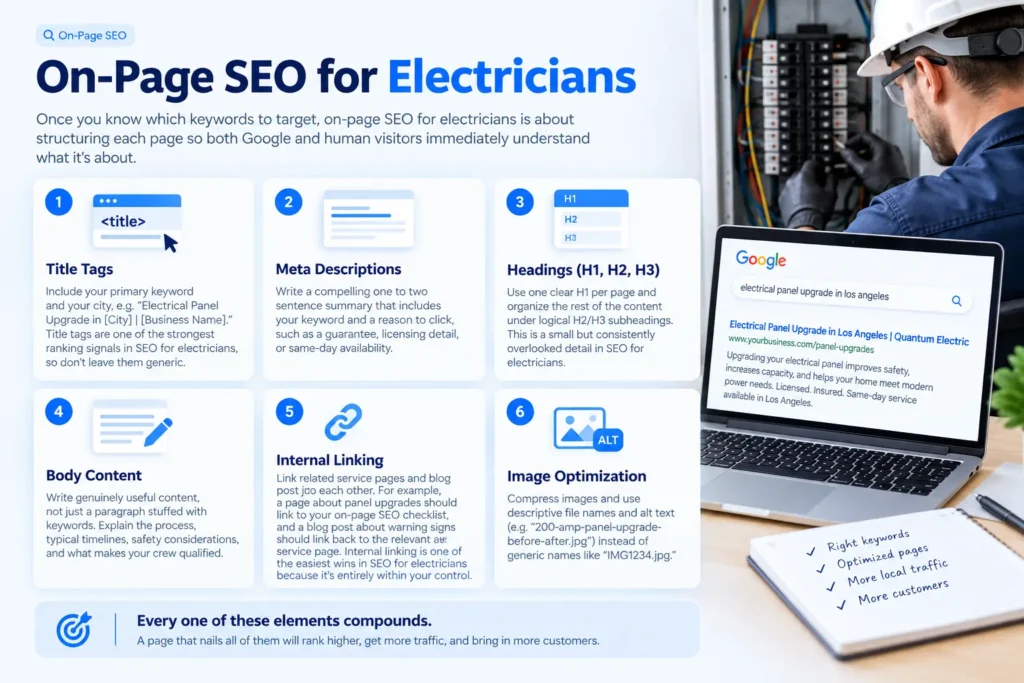 On-page SEO for electricians showing title tags, meta descriptions, headings, content, internal linking, and image optimization