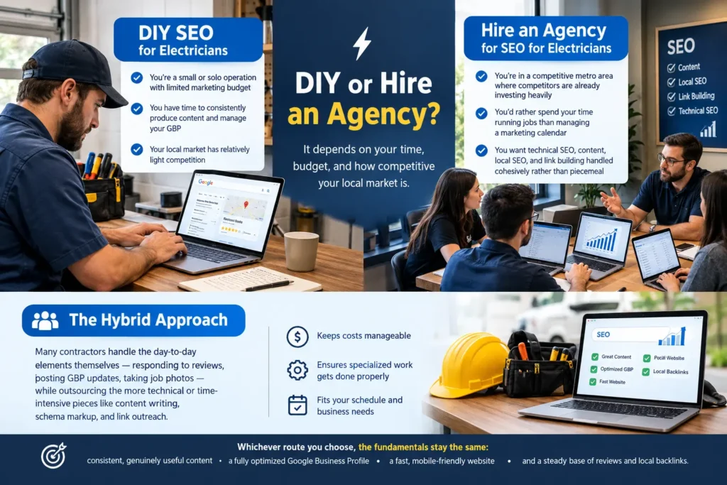 SEO for electricians comparing DIY SEO, hiring an agency, and a hybrid approach