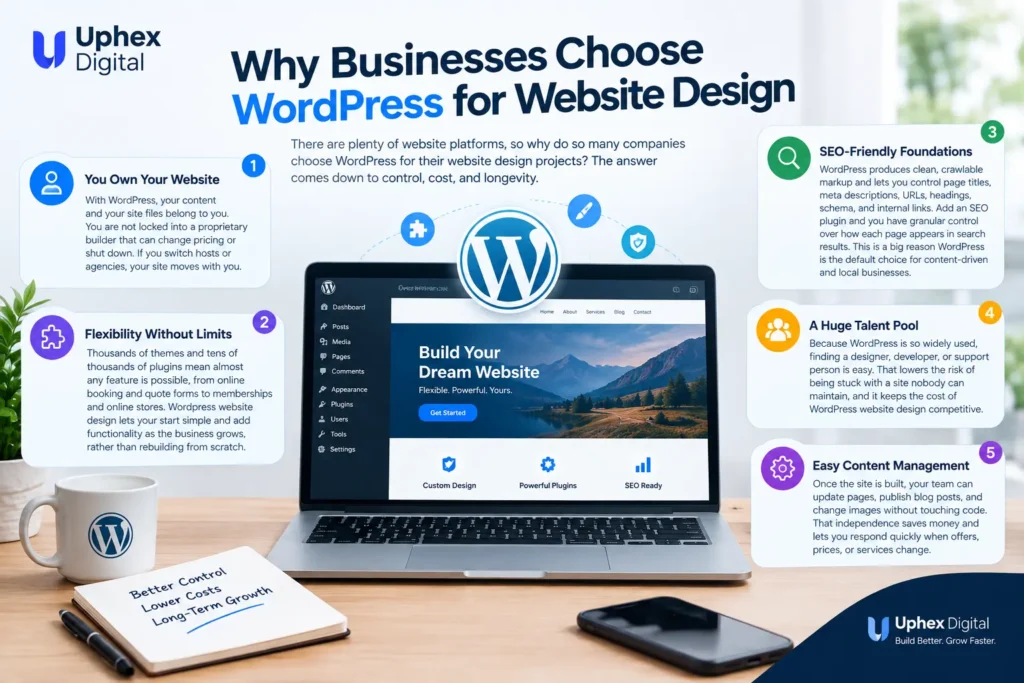 Why businesses choose WordPress for website design, highlighting ownership, flexibility, SEO, talent availability, and easy content management
