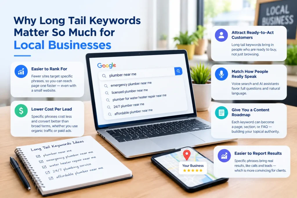 Why long-tail keywords matter for local businesses, including easier rankings, targeted customers, lower-cost leads, and improved local SEO.
